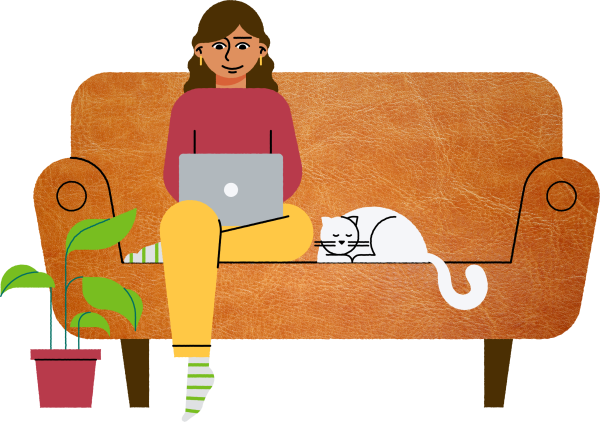 illustrated girl sitting on couch with cat and laptop