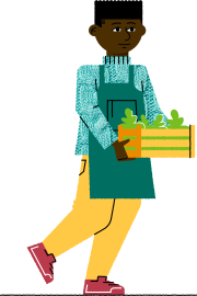 person wearing apron holding box of leafy greens